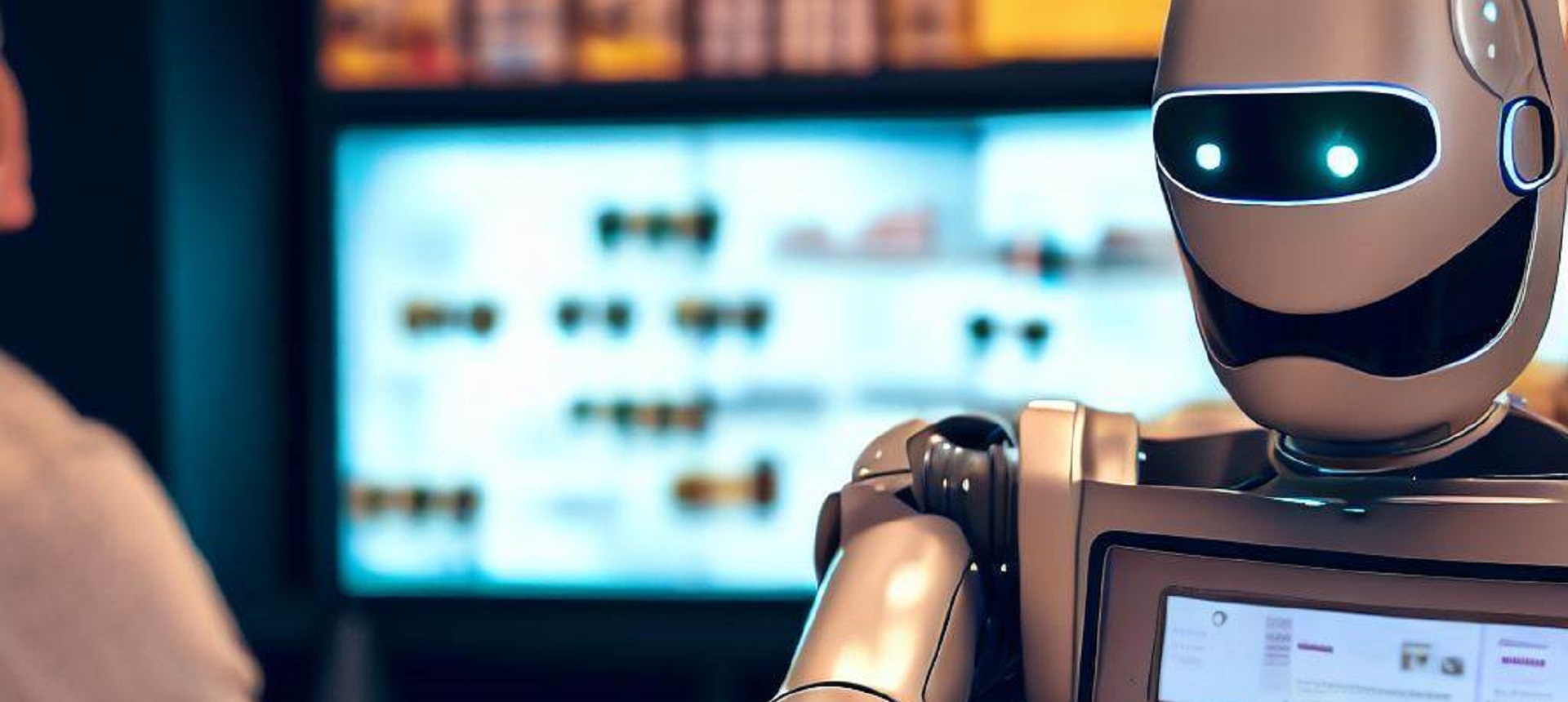 Image of a robot behind a shop counter assisting a customer, created by Microsoft Bing Image Creator AI tool