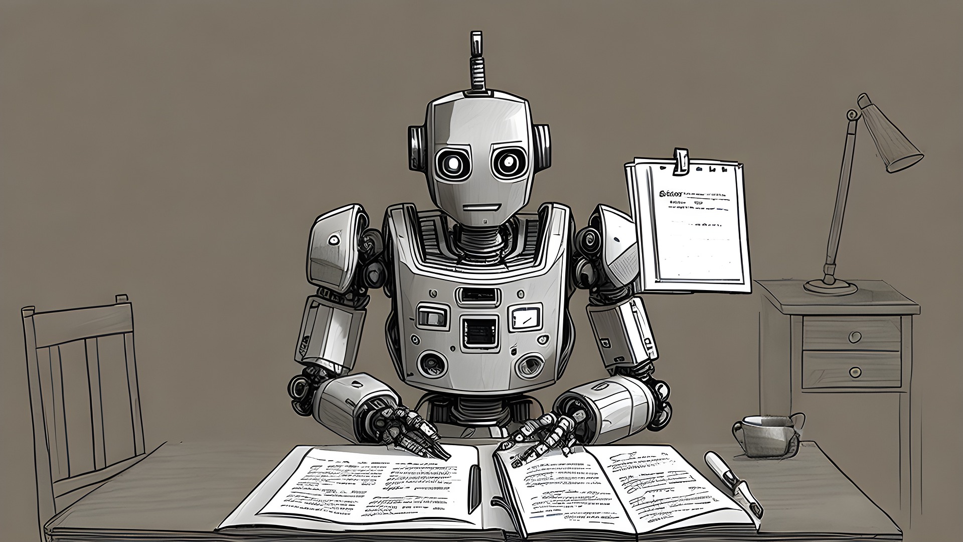 Image of a robot sitting at a desk studying two different texts at the same time. It looks worried.