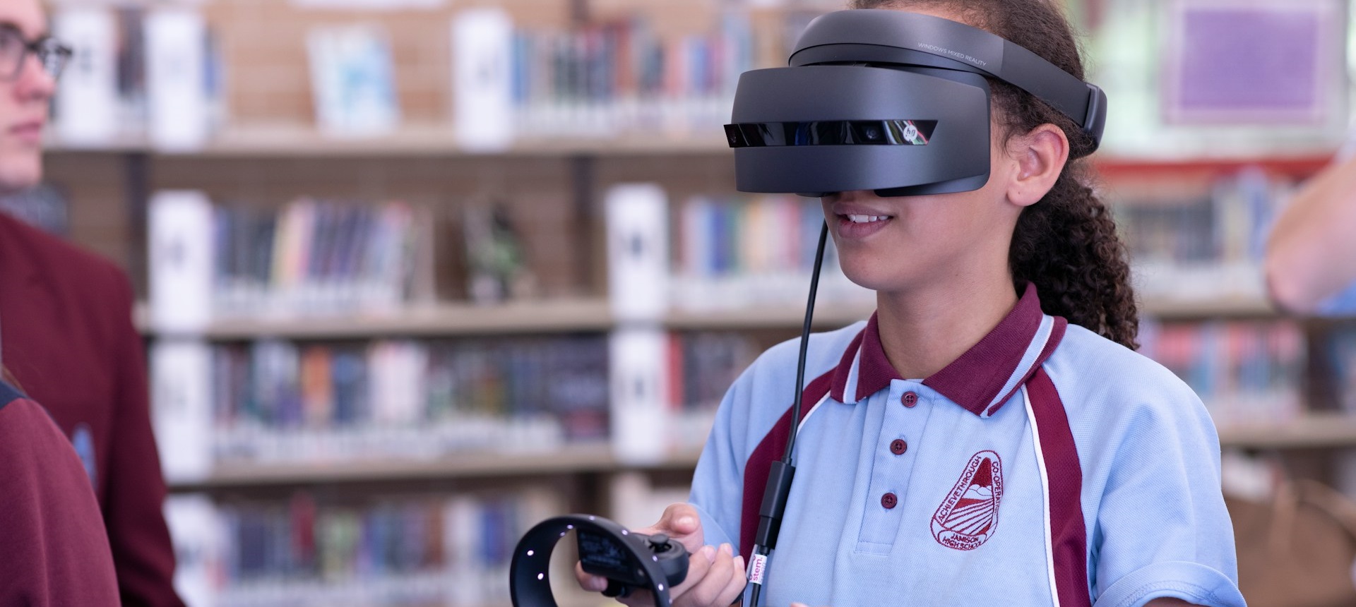 Student wearing a virtual reality headset.