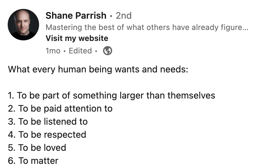 Screenshot of a LinkedIn post by Shane Parrish, where the list is ordered by descending character count.