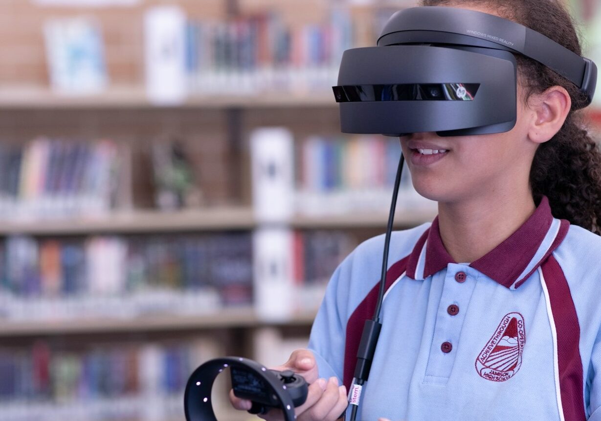 Student wearing a virtual reality headset.